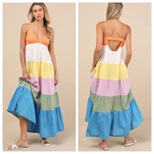 Roxy “Honolulu Glow” Open-Back Maxi Dress 100% Cotton Tiered Colour Block